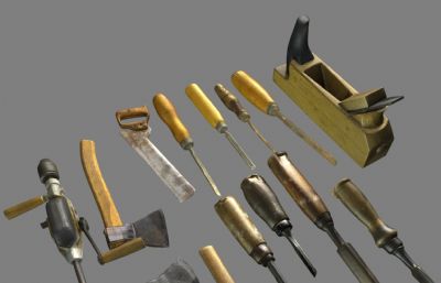 凿子,刨子,斧头,锯子,锤子等传统木工工具组合MAYA模型,MB,OBJ,FBX格式文件(网盘下载)