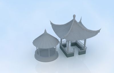 四角凉亭+帽型亭子,古建亭子3D模型