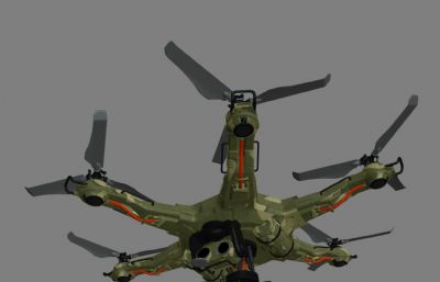 六翼无人机,军用攻击型无人机,挂载机枪的无人机Maya模型,MB,FBX,OBJ多种格式(网盘下载)