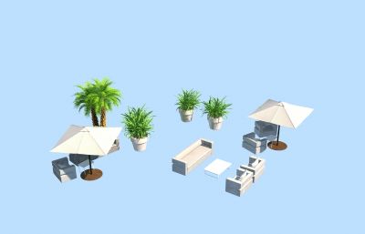 遮阳伞休闲沙发座椅+铁树盆栽组合3D模型