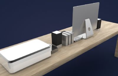 办公桌,电脑,打印机,音箱组合场景C4D模型