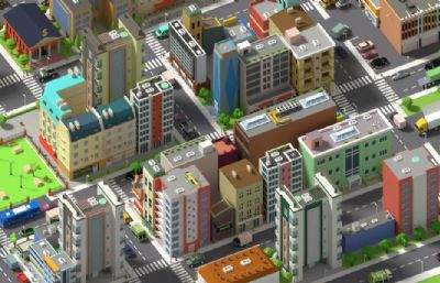 卡通低聚城市大场景,Q版城区街道maya模型