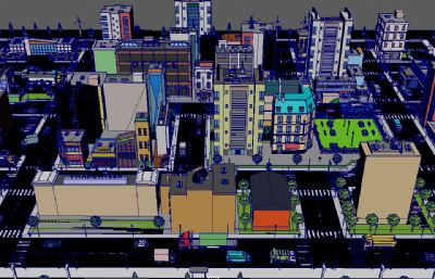卡通低聚城市大场景,Q版城区街道maya模型