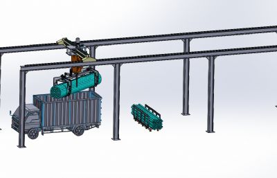 龙门吊货车装载长管场景模型,STEP格式