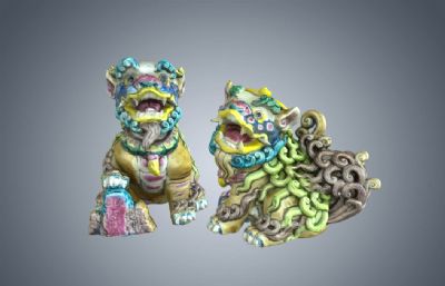 泰山石敢当陶瓷狮子,民间吉祥物3D模型