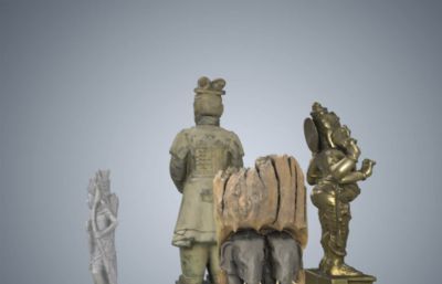 中国兵马俑,印度象头神迦尼萨,古国四大神像雕塑3D扫描模型