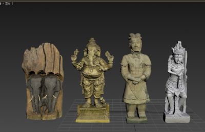 中国兵马俑,印度象头神迦尼萨,古国四大神像雕塑3D扫描模型