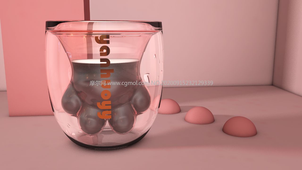 粉色可爱猫爪杯,玻璃杯,牛奶杯C4D模型