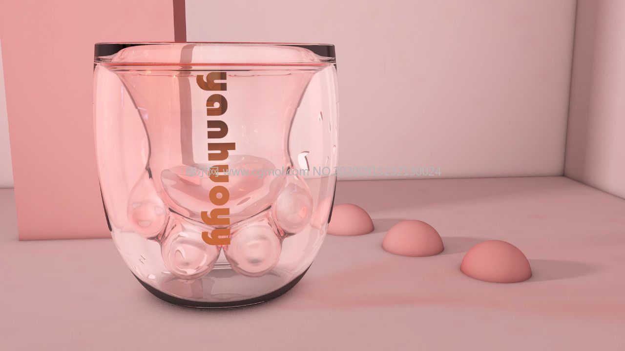 粉色可爱猫爪杯,玻璃杯,牛奶杯C4D模型