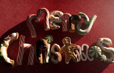 用饼干巧克力组成的Merry Christmas文字,圣诞节创意C4D模型