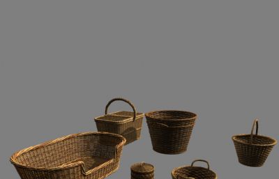 竹子编织的竹篮,篮子,菜篮,篮筐,食盒maya模型,MB,FBX,OBJ三种格式