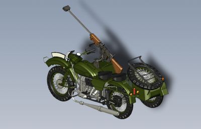 带步枪的战斗型边三轮摩托车3D模型,STEP格式