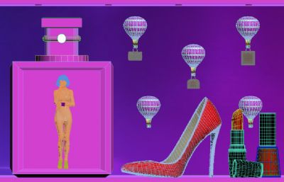 摩登女郎,高跟鞋,包包,香水,口红展览商业橱窗3D模型