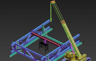 履带式汽吊车吊拼装桁架场景3D模型