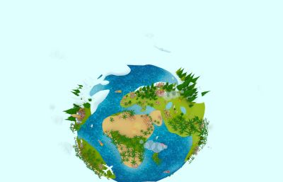 地球村,卡通生态地球环境3D模型,地球游戏海陆空设备齐全