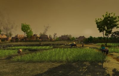 古代黄昏下的农田耕地,生火烧饭村落场景3D模型