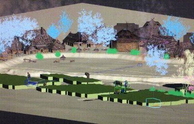 古代黄昏下的农田耕地,生火烧饭村落场景3D模型