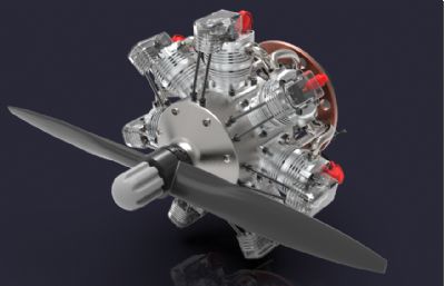 带螺旋桨的7缸星形发动机3D模型,STP格式