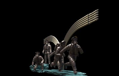 消防枪+群组消防员雕塑设计3D模型