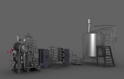 锅炉,加压蒸馏阀,水泵阀管道,氯化锅炉工厂设施3D模型,VRAY材质