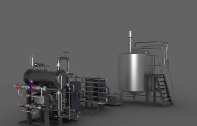 锅炉,加压蒸馏阀,水泵阀管道,氯化锅炉工厂设施3D模型,VRAY材质