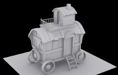 中式木制马车房车3D模型白模