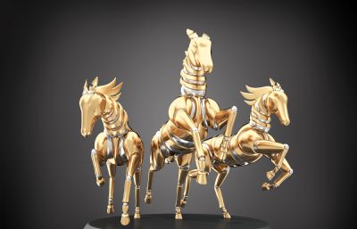 三匹奔腾的金马雕塑摆件3D模型