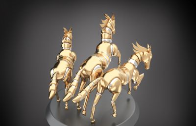 三匹奔腾的金马雕塑摆件3D模型