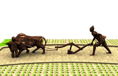 农民儿童农田扶犁耕地铜雕塑,非物质文化遗产农业展厅展馆摆放品3d