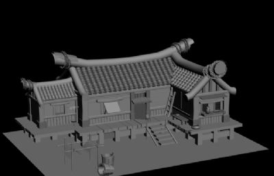 古代木房子,小屋,院落室外场景建筑3D模型素模