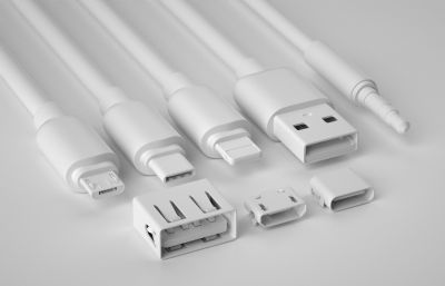 TRS端子,Micro-USB接口,Type-C插头,安卓,苹果充电线插头,数据线插头电子零件C4D模型,有C4D,OBJ文件