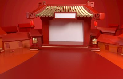 中国风新年开门红,大宅门古建电商栏目场景C4D模型,标准材质