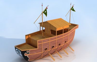 蒙古战船,古代战船,木船,航海船3D模型,VRAY渲染