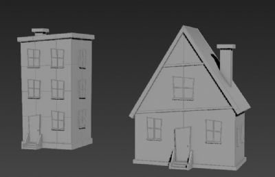两个低面数卡通小屋3D模型素模