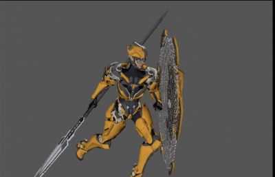 科幻赛博朋克黄色机甲盾牌漂亮女孩机甲机器人c4d模型,雅典娜女神模型,带大量动画(网盘下载)