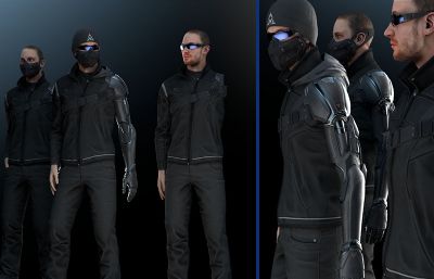 赛博朋克科幻机械臂男人,杀手,特工组合C4D模型,Redshift渲染