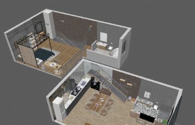 Loft工业风复式公寓3D户型模型,有MB,MAX,FBX多种格式(网盘下载)