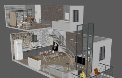 Loft工业风复式公寓3D户型模型,有MB,MAX,FBX多种格式(网盘下载)