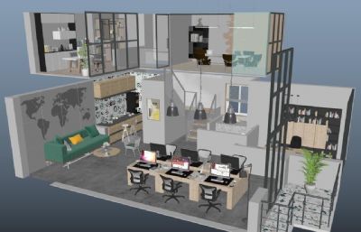 办公室-复式公寓户型的办公室3D模型,有blend,mb,fbx,max,obj等格式(网盘下载)
