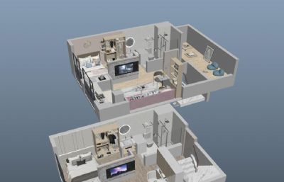 复式公寓上下层设计户型3D模型,有blend,max,mb,fbx,obj等格式(网盘下载)