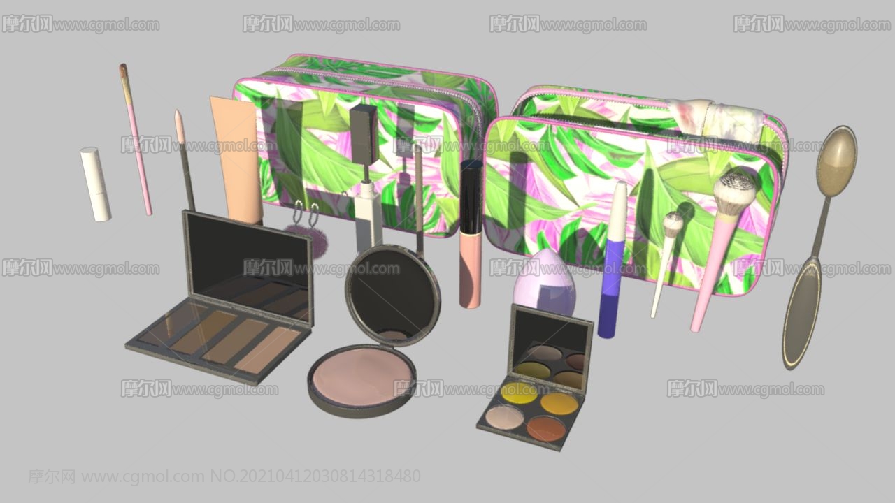 扑面粉盒,眼影粉盒,唇膏,粉底液等化妆包及其工具maya模型,贴图全