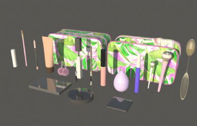 扑面粉盒,眼影粉盒,唇膏,粉底液等化妆包及其工具maya模型,贴图全