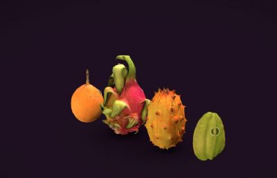 杨桃,火参果,火龙果,百香果四种水果3D扫描模型,MAX,FBX,OBJ格式,塌陷