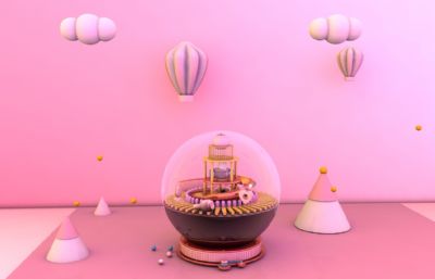 粉色卡通水晶球城堡,云朵热气球场景C4D模型