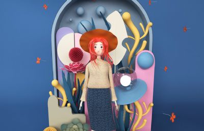 彩色卡通风格的橱窗女孩设计C4D模型,海底植物形象美陈,Octane渲染