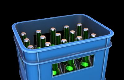 啤酒箱+啤酒瓶,一箱玻璃瓶装啤酒3D模型