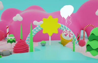 梦幻糖果冰淇淋世界,巧克力工厂场景C4D模型,Octane渲染