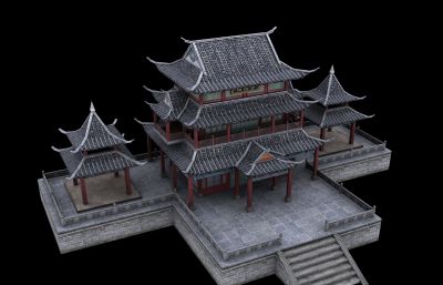 妙德阁,古代楼阁,仙侠游戏写实场景3D模型,塌陷文件