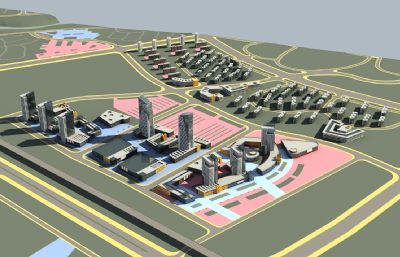 商业区+配套小区整体规划设计3D模型素模