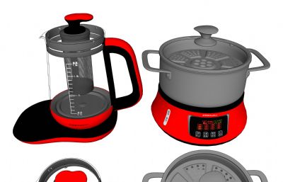 煎药壶,电热水壶,蒸锅组合3D模型,MAX,MB,OBJ,ZPR多种格式